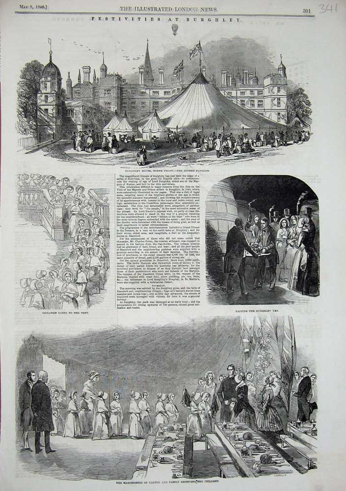 Original Old Antique Print 1846 Burghley House Marchioness Exeter Children Fete