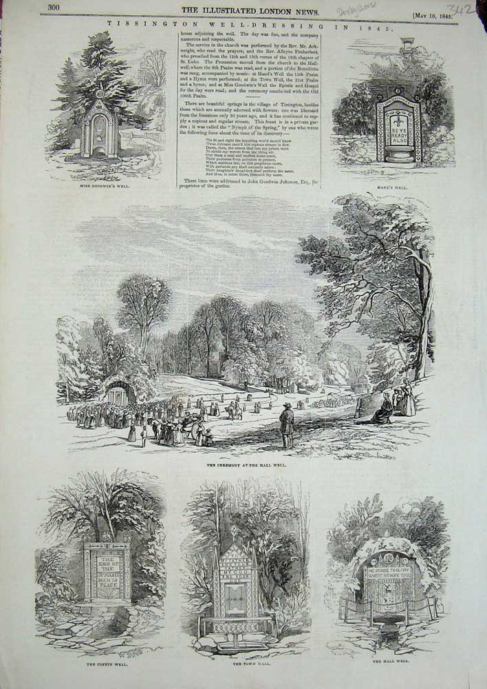 Old Antique Print 1845 Tissington Well-Dressing Hall Well Coffin Ceremony 19th