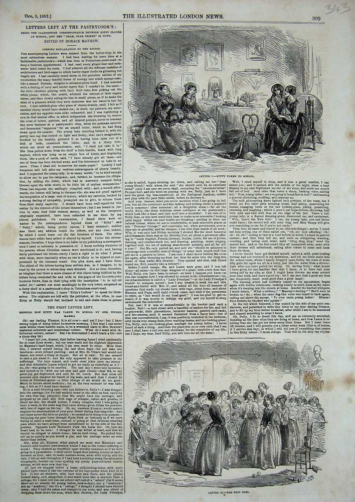 Original Old Antique Print 1852 Letters Pastrycook'S Kitty School Young Girls