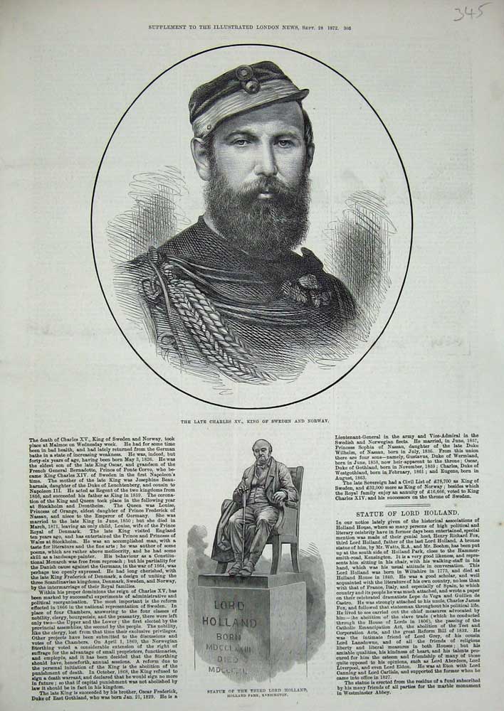 Original Old Antique Print 1872 Charles King Sweden Norway Statue Lord Holland