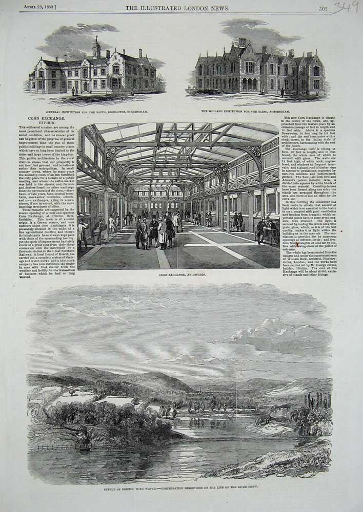 Old Antique Print 1853Bristol River Reservoir Corn-Exchange Hitchen Blind 19th