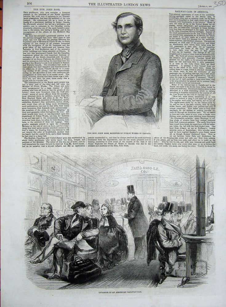Original Old Antique Print 1861 American Railway Car Train Rose Minster Canada