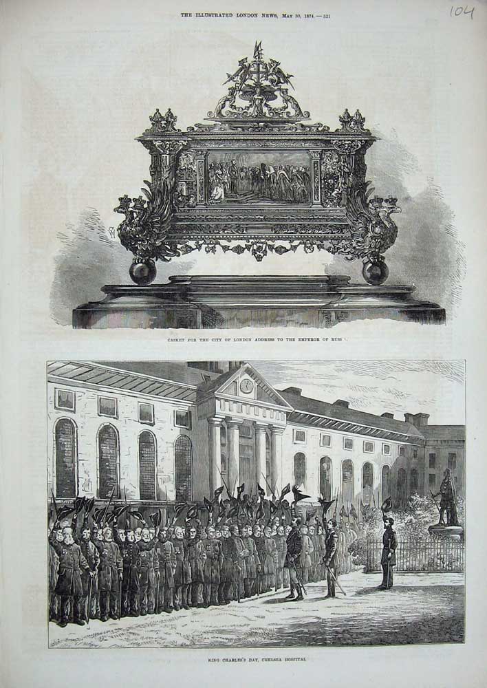 Old Antique Print 1874 Casket London Emperor Russia King Charles Chelsea 19th