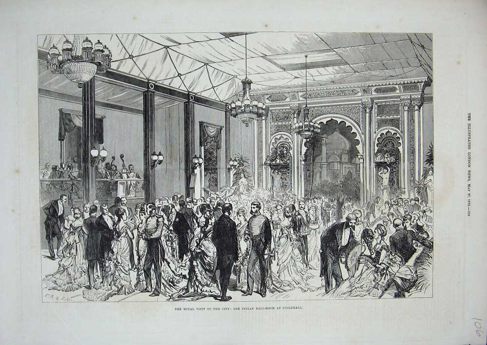 Old Antique Print 1876 Royal Visit City Indian Ballroom Guildhall London 19th
