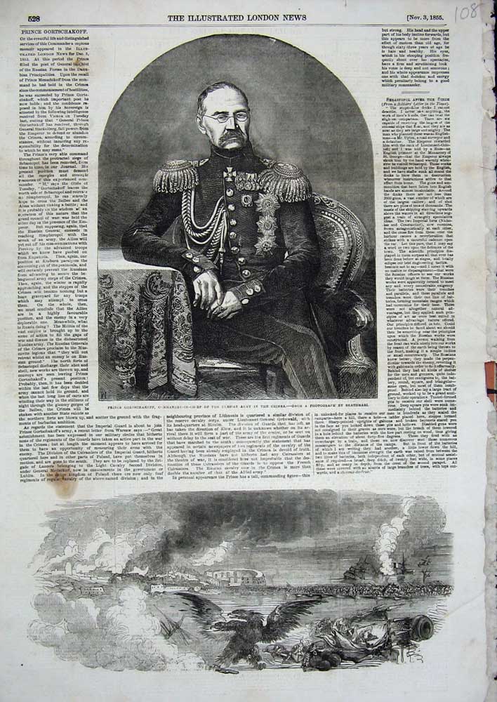 Original Old Antique Print 1855 Prince Gortschakoff Russian Army Crimea War Art