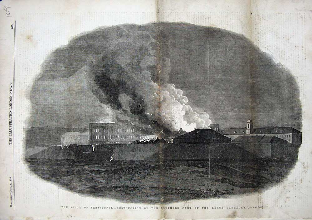 Original Old Antique Print 1855 Siege Sebastopol Destruction Large Barracks War