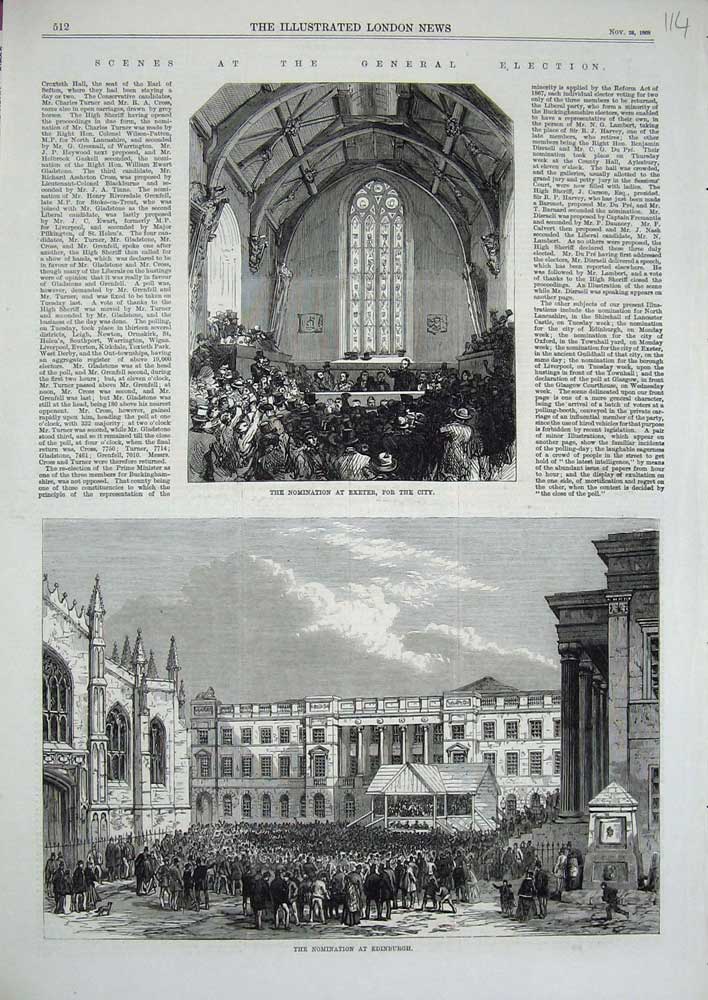 Original Old Antique Print 1868 General Election Edinburgh Nominations Exeter