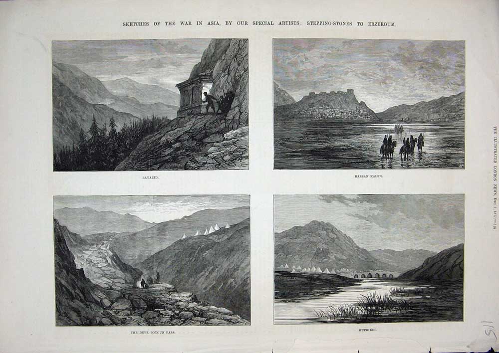 Original Old Antique Print 1877 War Asia Erzeroum Bayazid Hassan Kaleh Kuprikoi