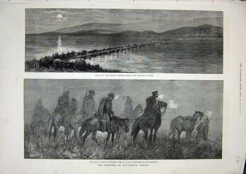 Old Antique Print 1877 War Russian Officers Muezzin Sistova Bridge Danube 19th