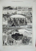 Original Old Antique Print 1874 Richmond River Horse Coach Fete Terrace People