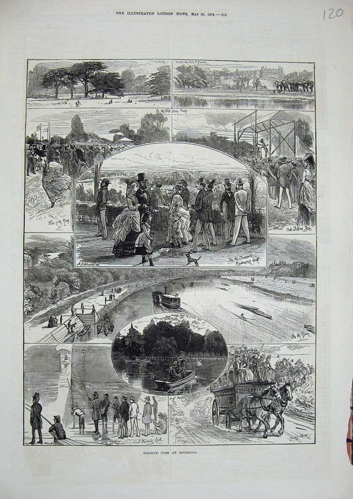 Original Old Antique Print 1874 Richmond River Horse Coach Fete Terrace People