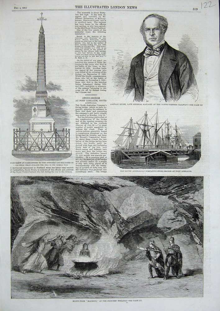 Old Antique Print 1858 Monument Captain Huish Macbeath Princess Theatre 19th