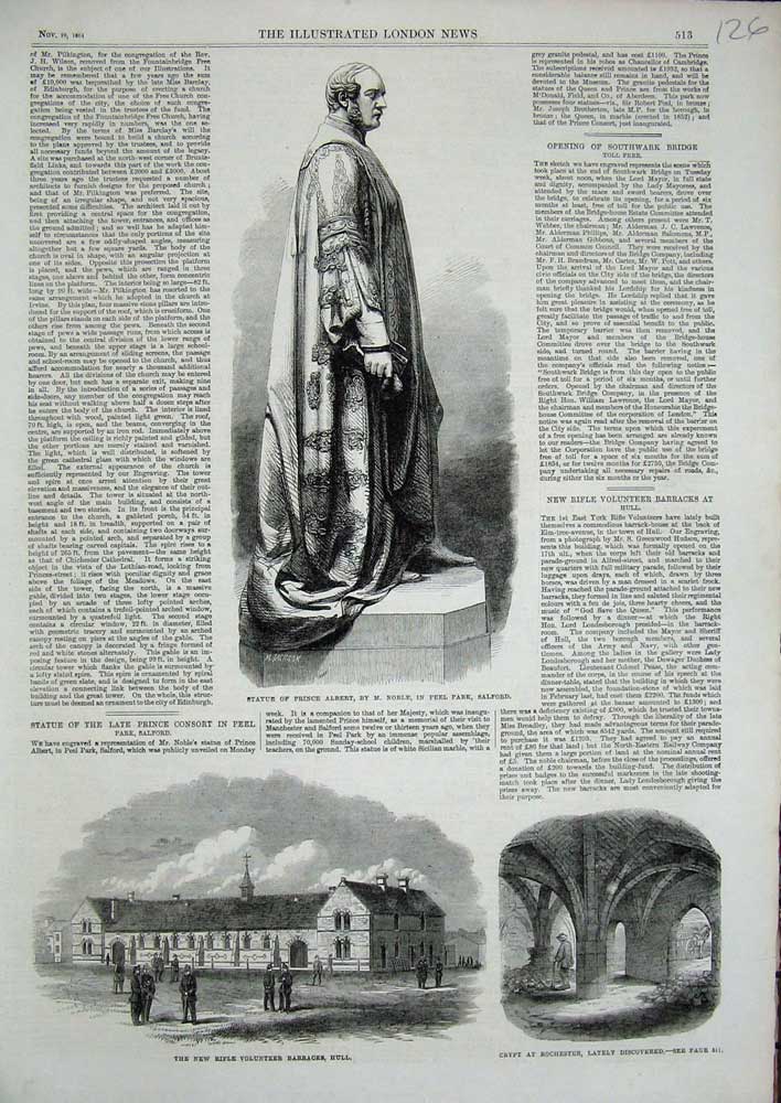 Old Antique Print 1864 Statue Prince Albert Salford Barracks Hull Crypt 19th