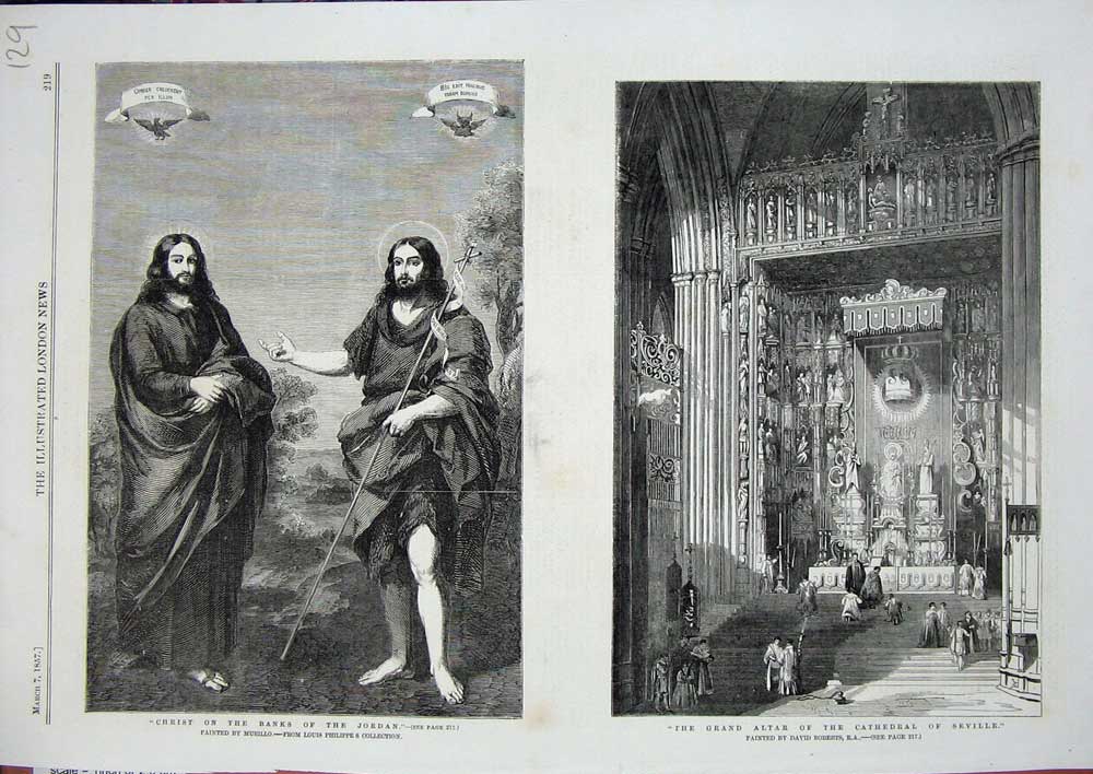 Old Antique Print 1857 Christ Banks River Jordan Altar Cathedral Seville 19th