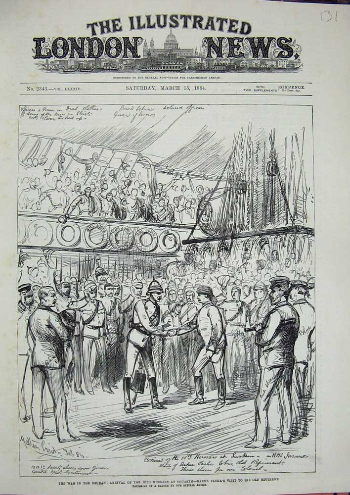Original Old Antique Print 1884 War Soudan Hussars Souakim Baker Pasha Siers