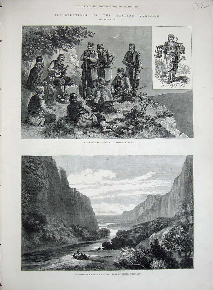Original Old Antique Print Vale Tempe Thessaly 1880 Montenegrins Songs War Art