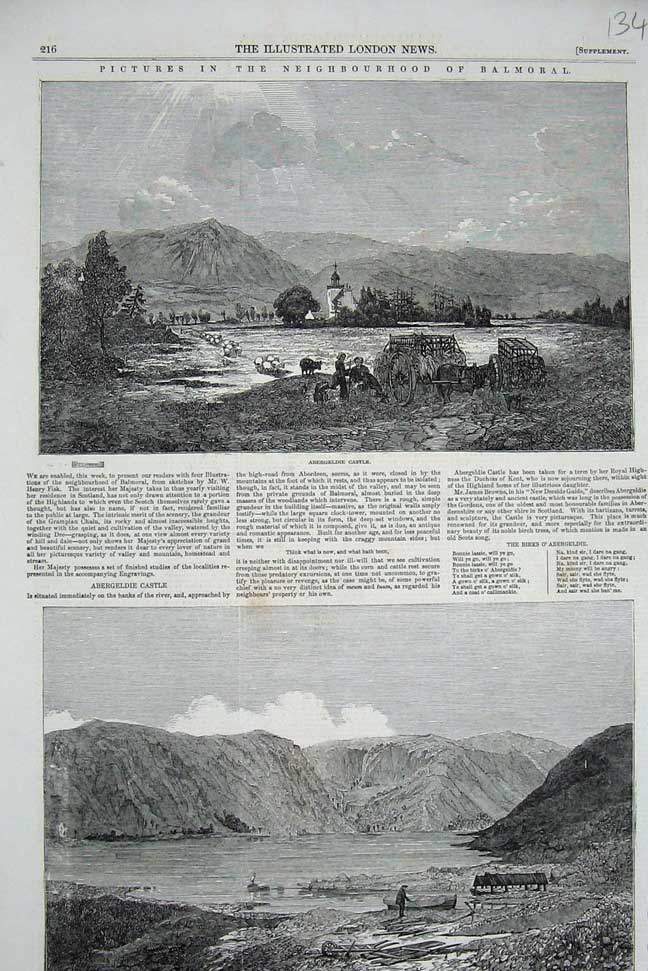 Original Old Antique Print 1850 Balmoral Castle Abergeldie Loch Muick Scotland