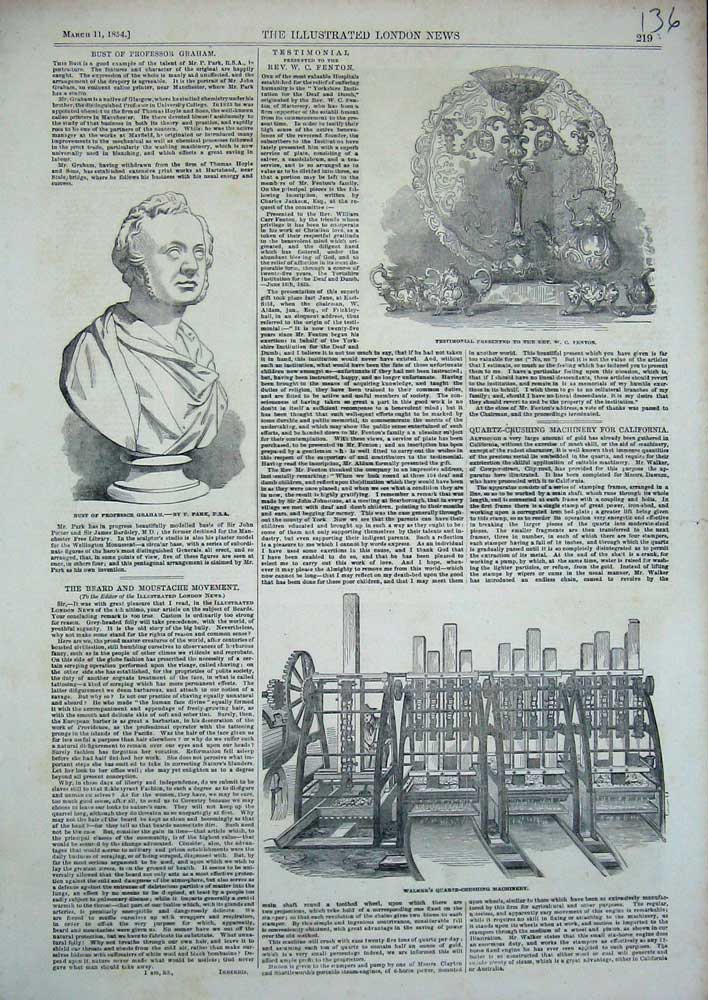 Original Old Antique Print 1854 Walker'S Quartz-Crushing Machinery Bust Graham