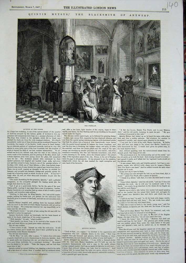 Original Old Antique Print 1857 Quinten Metsys Blacksmith Antwerp Art Portrait