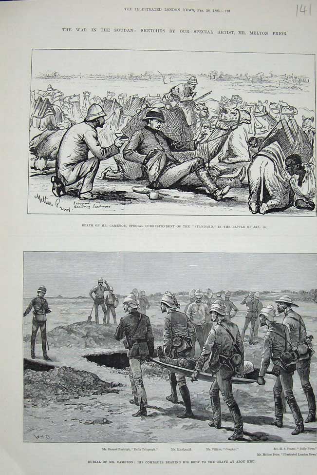 Original Old Antique Print 1885 War Soudan Funeral Cameron Grave Abou Kru Siers
