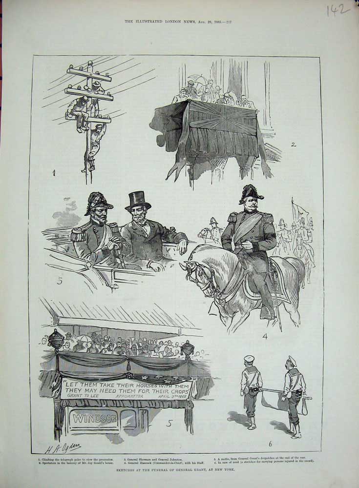 Original Old Antique Print 1885 Funeral General Grant New York Johnston Hancock