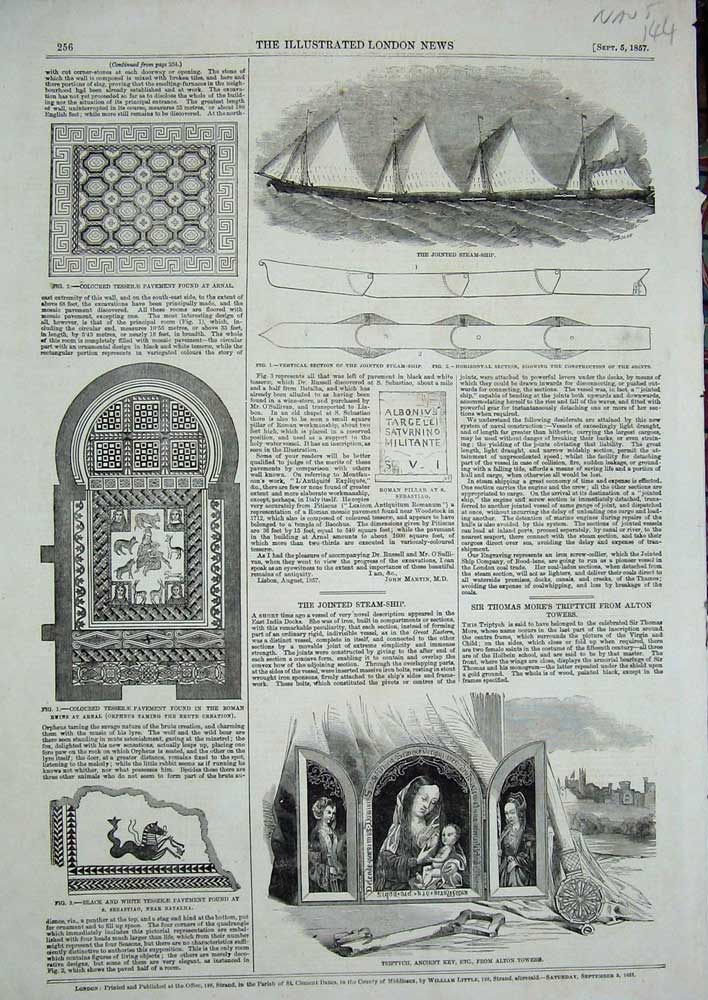 Old Antique Print 1857 Alton Towers Triptych Steam Ship Tesserae Pavement 19th