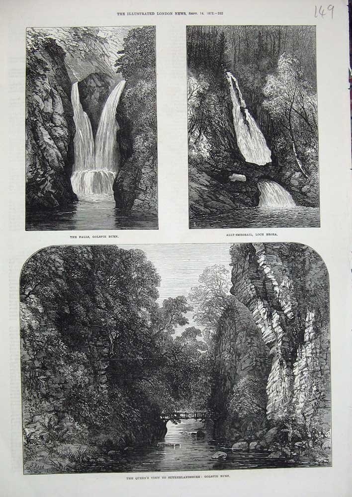 Old Antique Print 1872 Sutherlandshire Golspie Burn Falls Loch Brora Art 19th