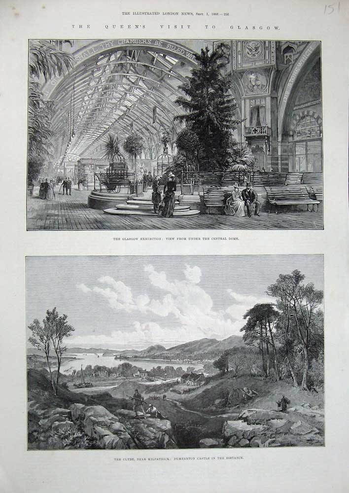 Original Old Antique Print 1888 Queen Glasgow Clyde Kilpatrick Dumbarton Castle