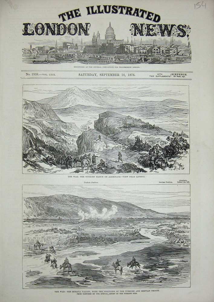 Original Old Antique Print 1876 War Morava Valley Turkish Servian Siers Linenci