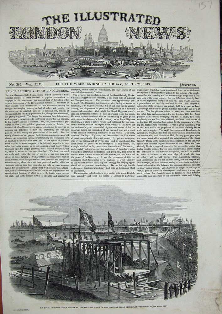 Original Old Antique Print 1849 Prince Albert Docks Great Grimbsy England 19th