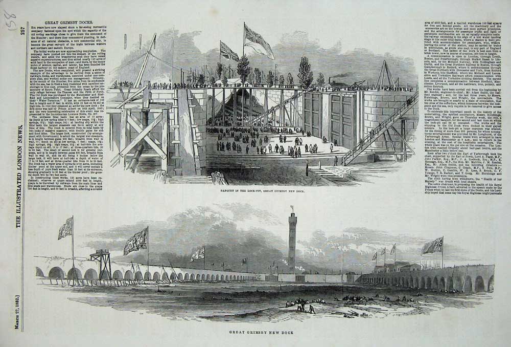 Original Old Antique Print 1852 Great Grimbsy Dock Banquet Lock-Pit Victorian