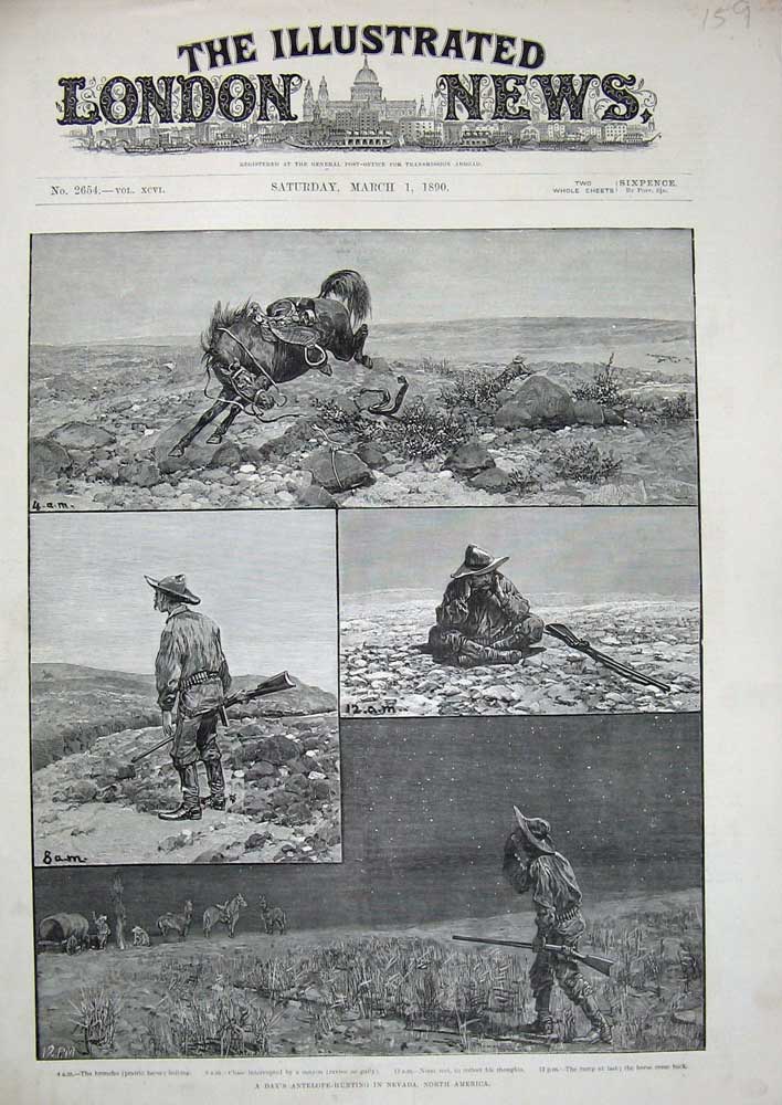 Original Old Antique Print Antelope Hunting Nevada North America 1890 Broncho