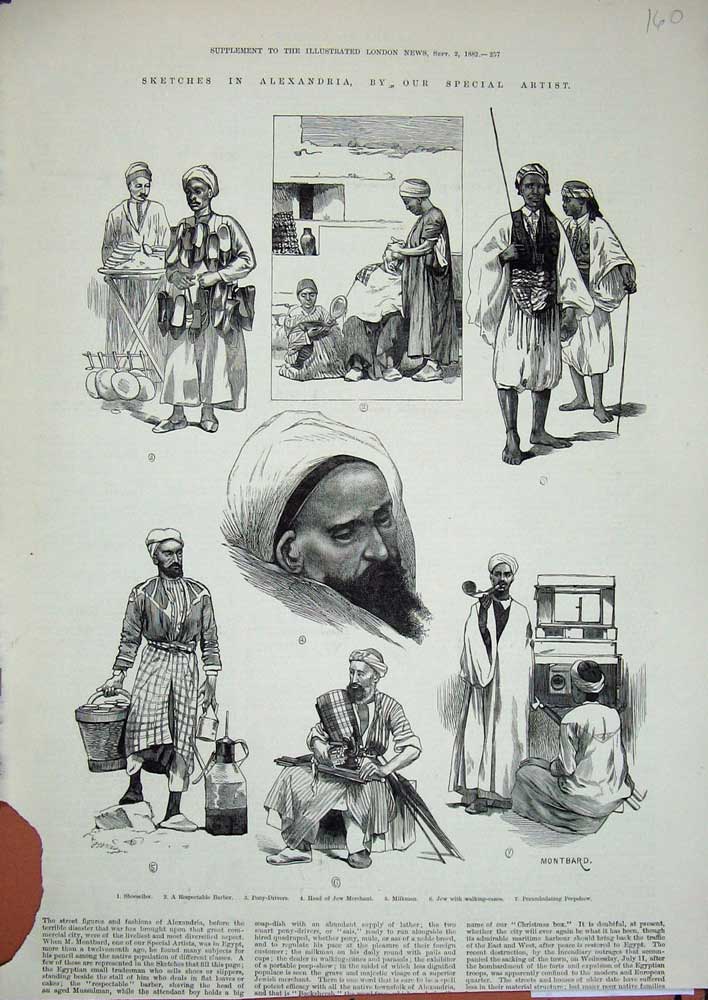 Original Old Antique Print 1882 Alexandria Jew Merchant Pony-Drivers Barber Men