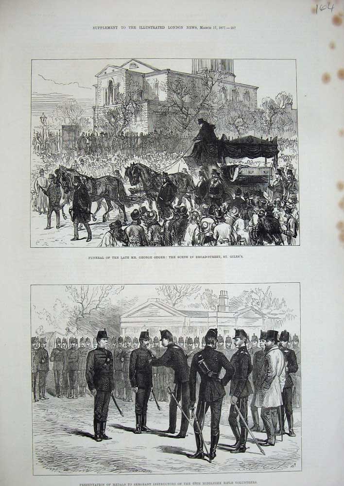 Old Antique Print 1877 Funeral George Odger St Giles Middlesex Volunteers 19th