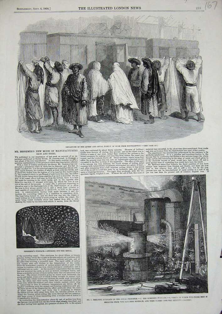 Original Old Antique Print 1856 Queen Royal Family Portsmouth Smelting Furnace