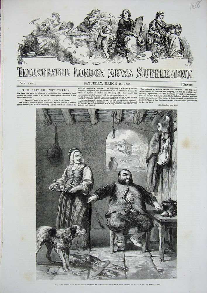 Old Antique Print 1854 Sancho Panza Wife Woman Man Dog John Gilbert Art 19th