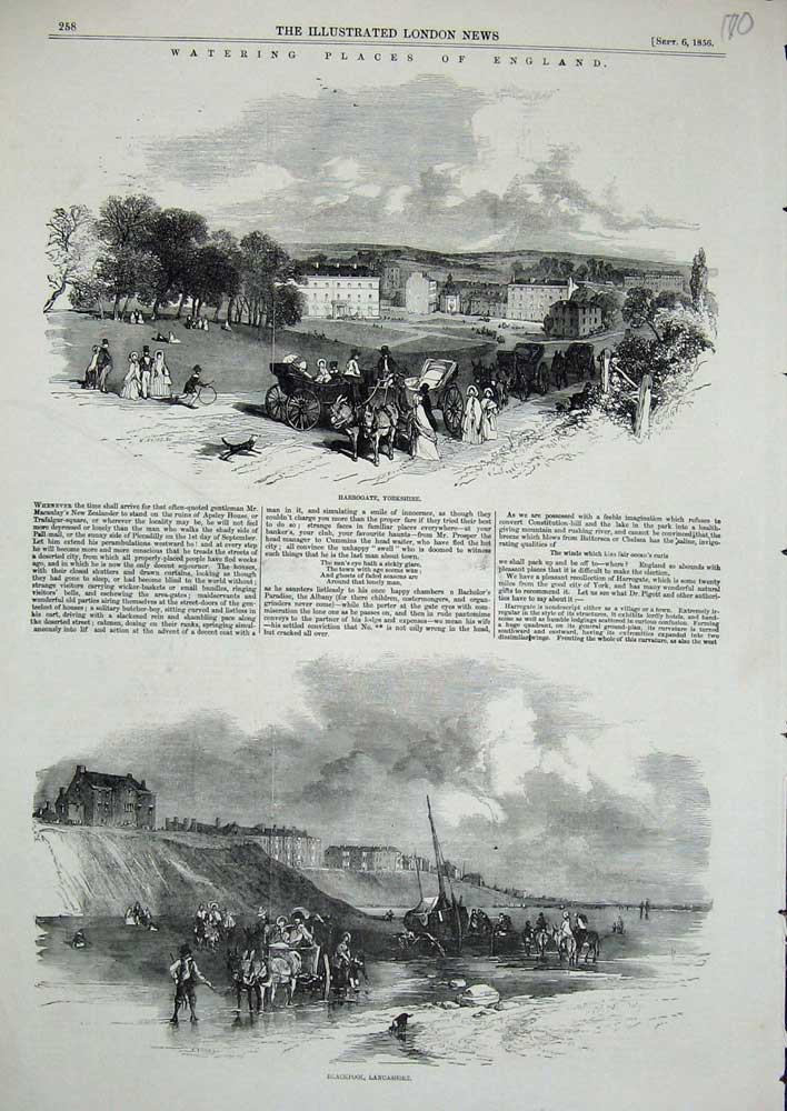 Original Old Antique Print 1856 Harrogate Yorkshire Blackpool Lancashire Donkey