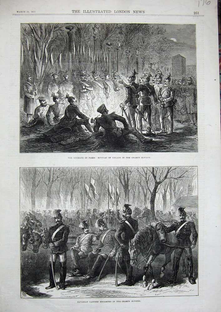 Old Antique Print 1871 Germans Paris Champs Elysees Bavarian Lancers War 19th