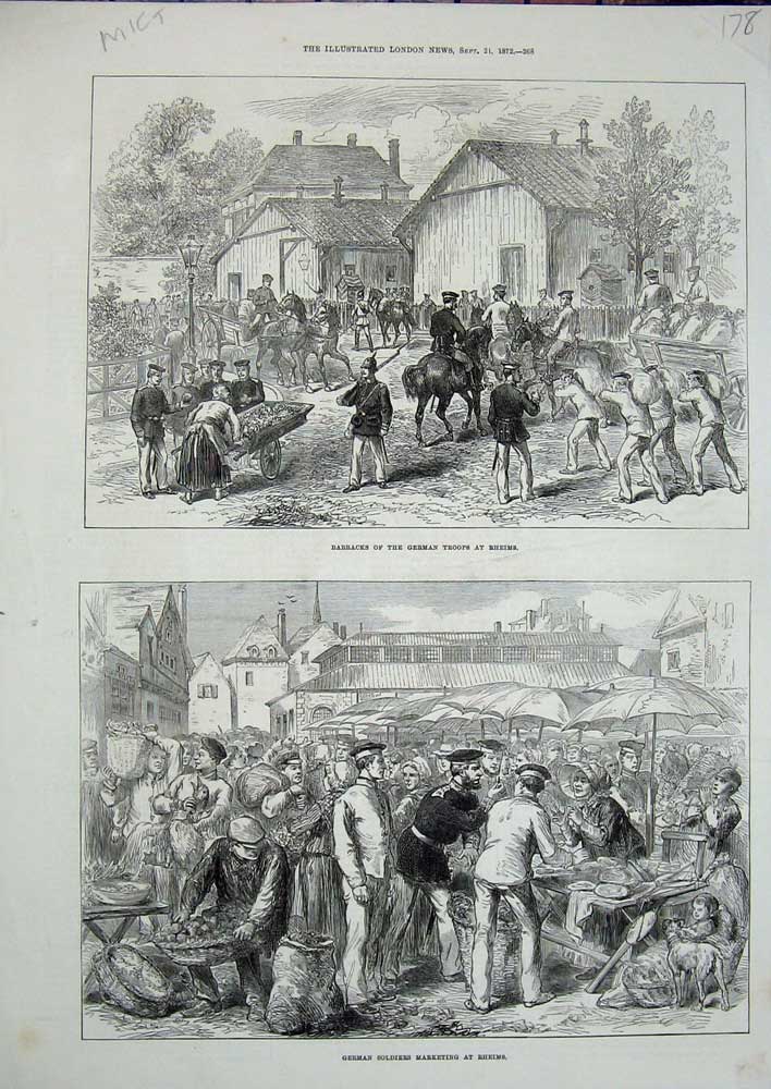 Original Old Antique Print Barracks German Troops Rheims 1872 Siers Marketing
