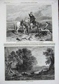Old Antique Print 1854 Marking Covey Donkey Man Cattle Country River Tree 19th