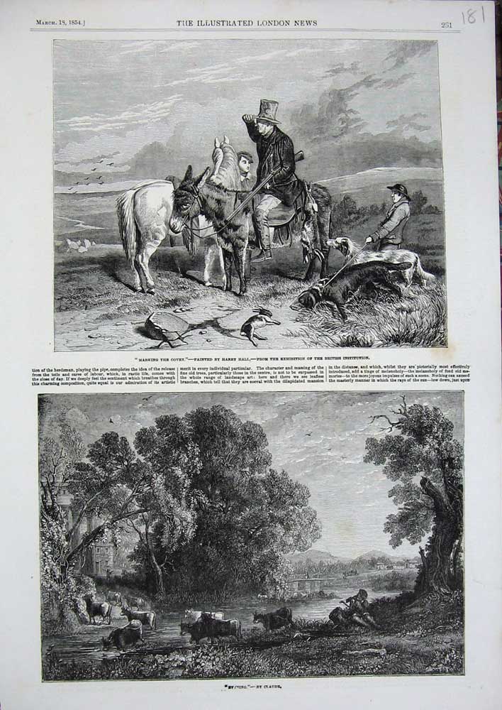 Old Antique Print 1854 Marking Covey Donkey Man Cattle Country River Tree 19th