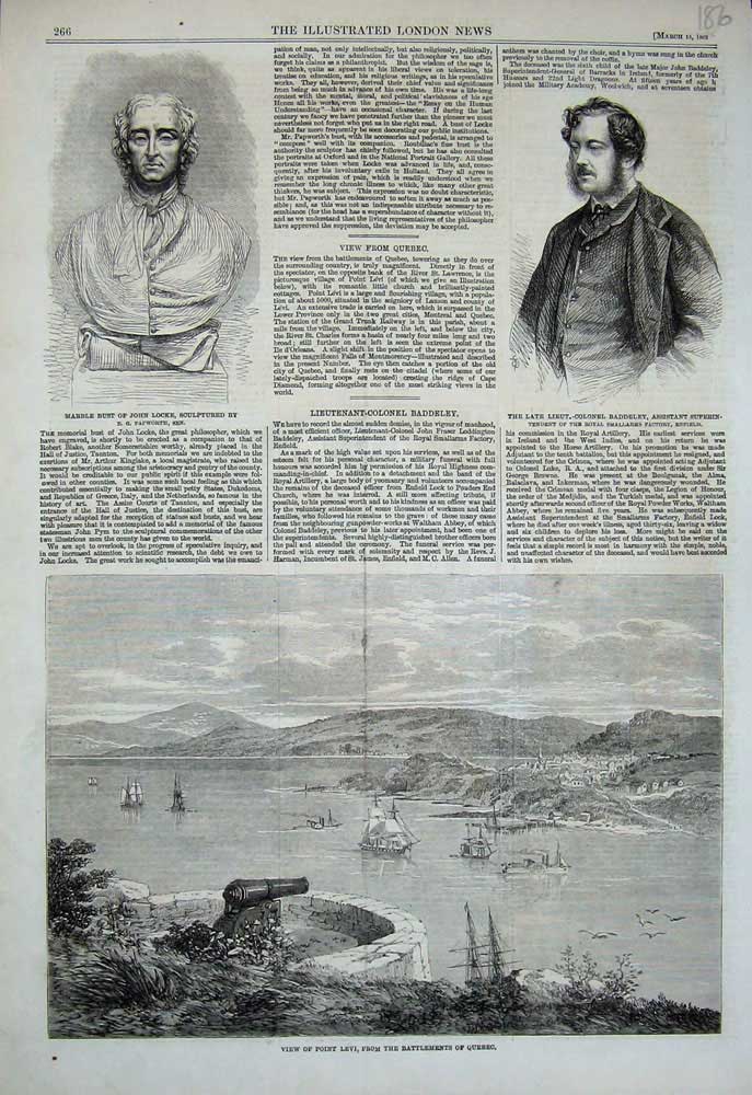 Old Antique Print 1862 Point Levi Quebec Baddeley Bust John Locke Canada 19th