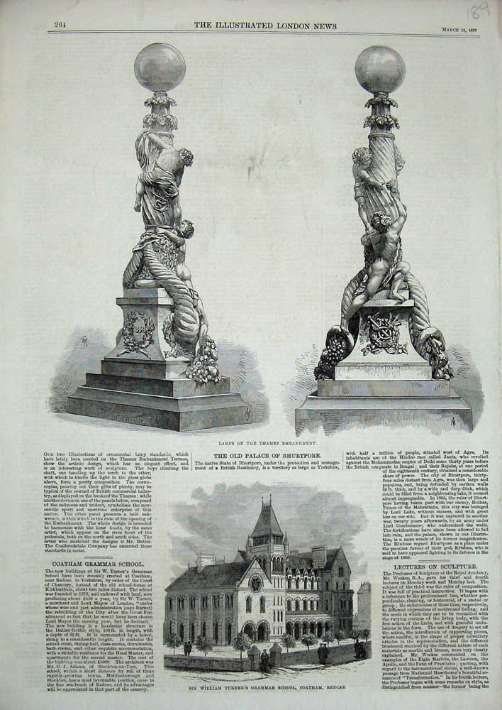 Old Antique Print 1870 William Turner School Coatham Redcar Lamps Thames 19th