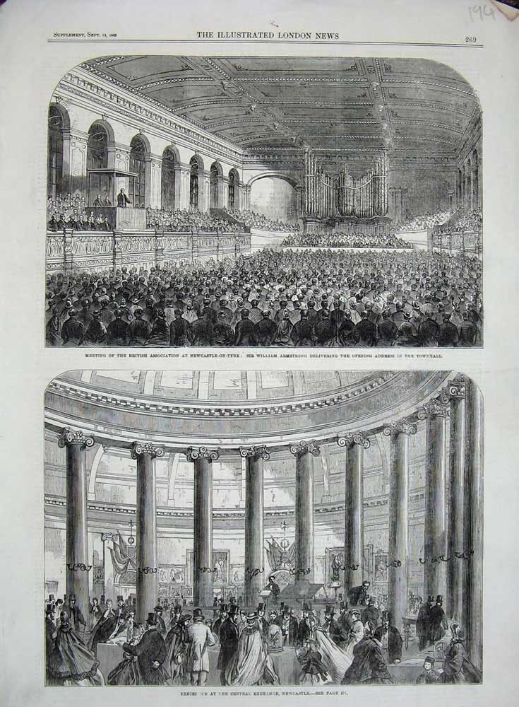 Original Old Antique Print 1863 Newcastle-On-Tyne William Armstrong Exchange