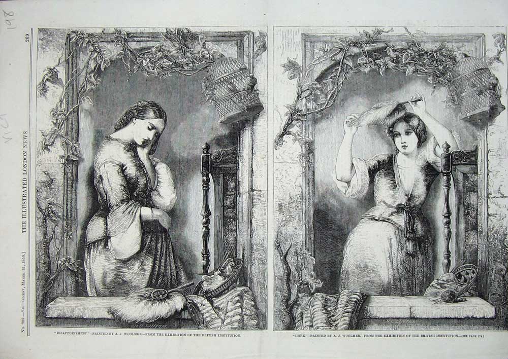 Original Old Antique Print 1858 Woolmer Fine Art Beautiful Lady Woman Feather