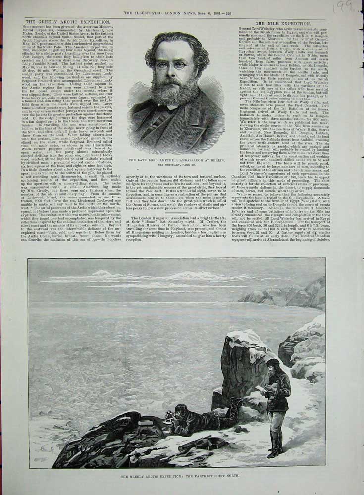 Old Antique Print 1884 Lord Ampthill Ambassador Berlin Greely Arctic Snow 19th