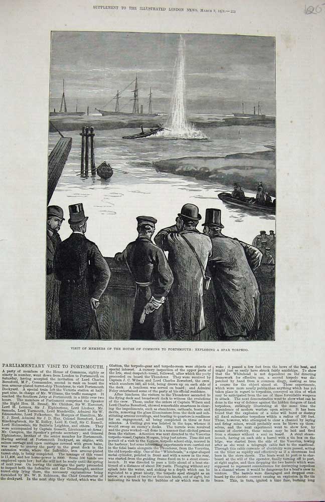 Old Antique Print 1878 Members House Commons Portsmouth Exploding Torpedo 19th