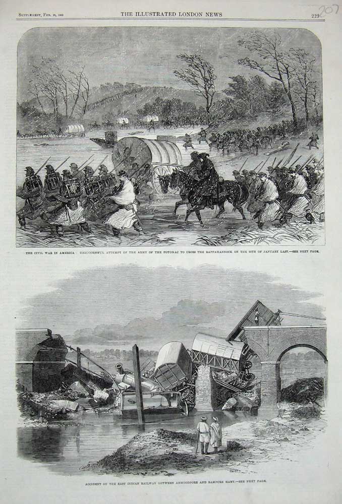 Old Antique Print 1863 Accident Indian Railway Rampore Train America War 19th