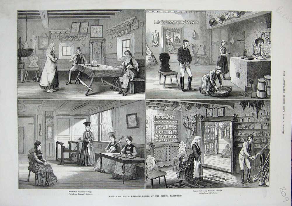 Original Old Antique Print 1873 Models Rustic Dwelling-Houses Vienna Exhibition