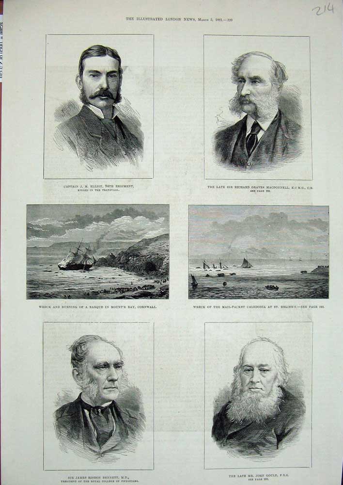 Old Antique Print 1881 Cornwall Ship Helier Gould Bennett Elliot Graves 19th